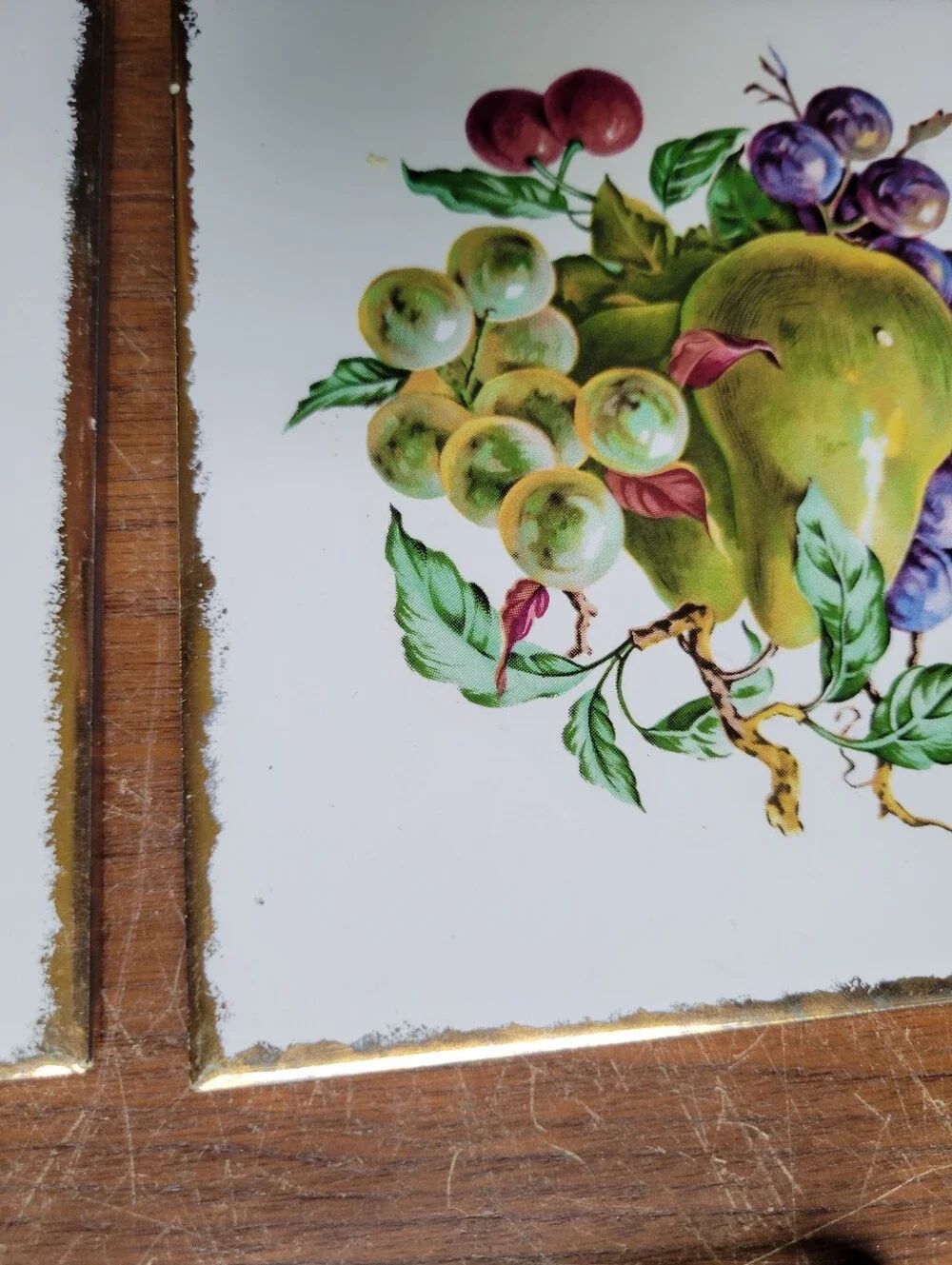 1970 Vintage Fruit Ceramic Tile Framed Artwork Trivets Set of 2 With Holder